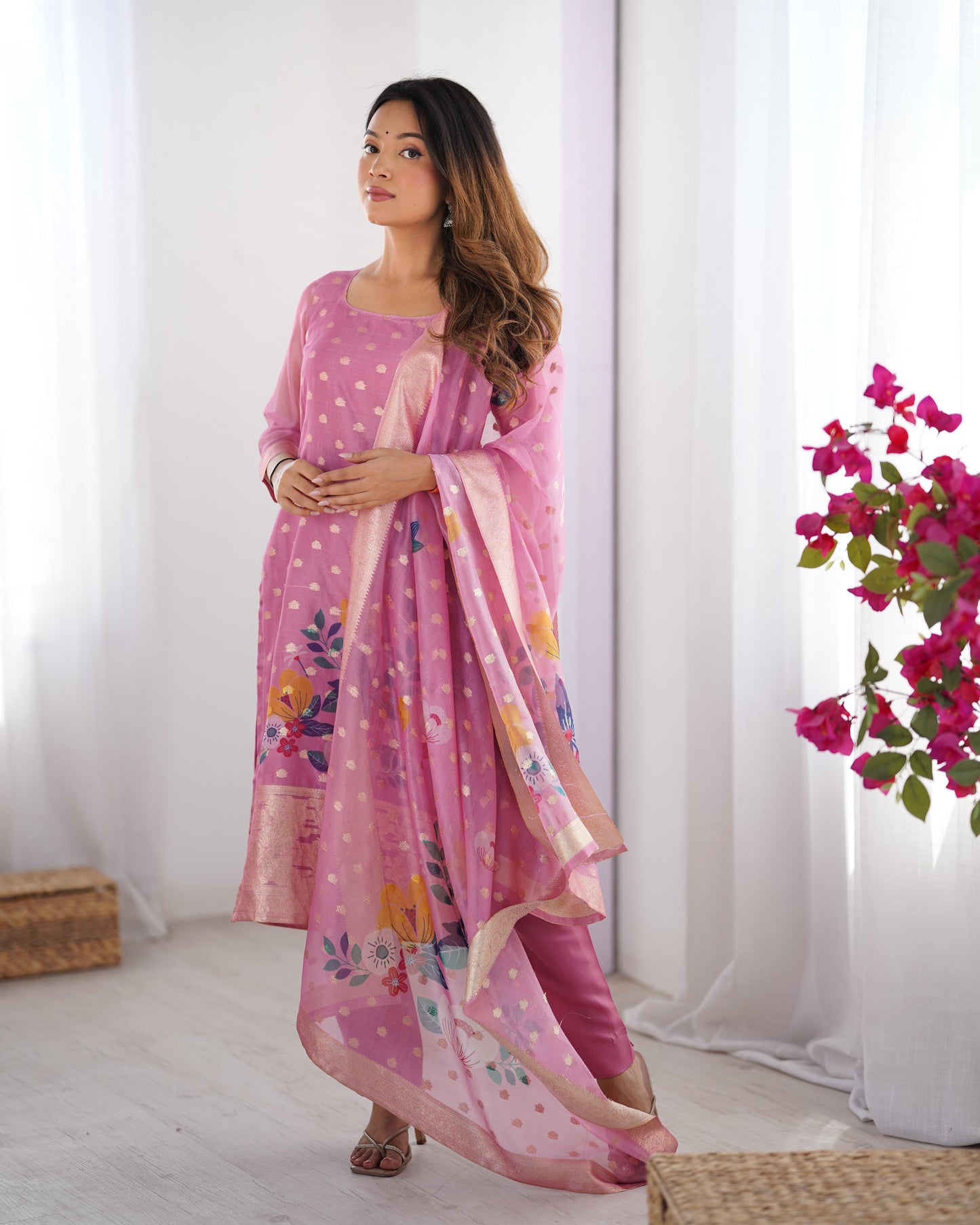 Pink Color Beautiful Chanderi Silk FAbric Dress