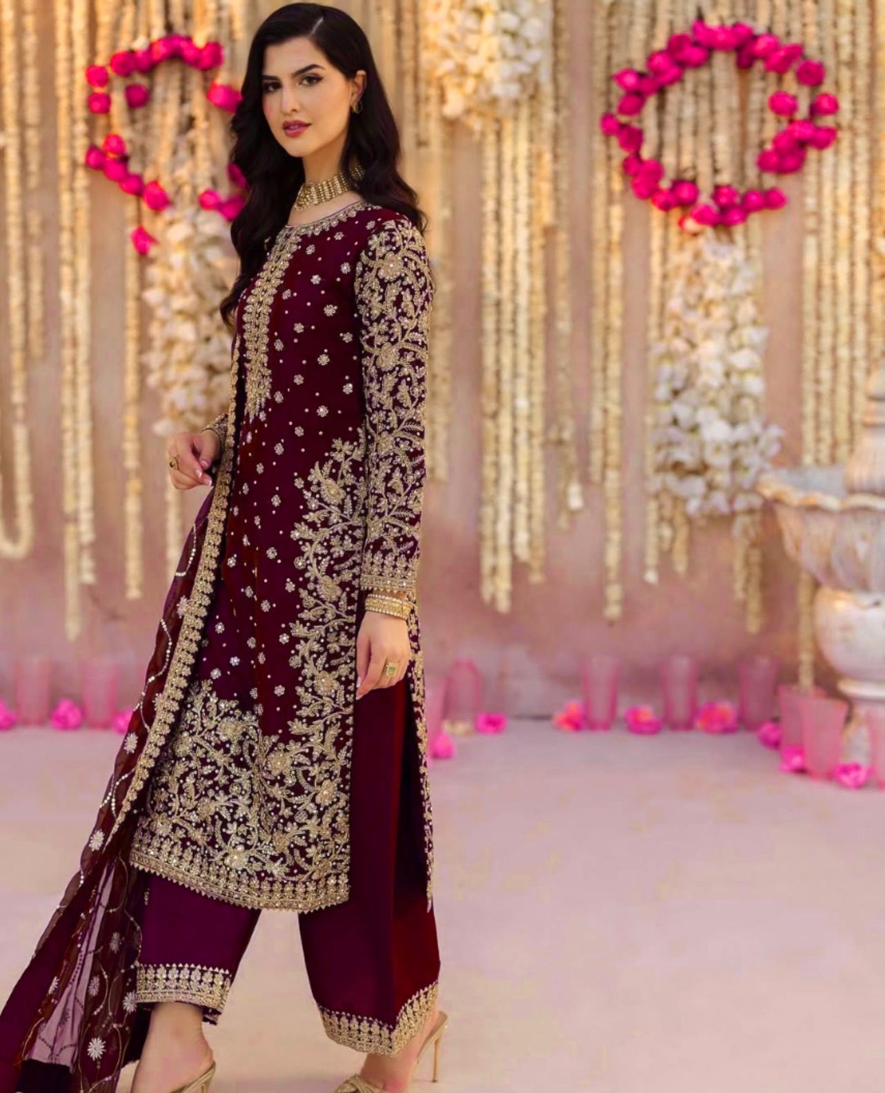 Red Color party wear look top-plazzo and dupatta with heavy embroidery work