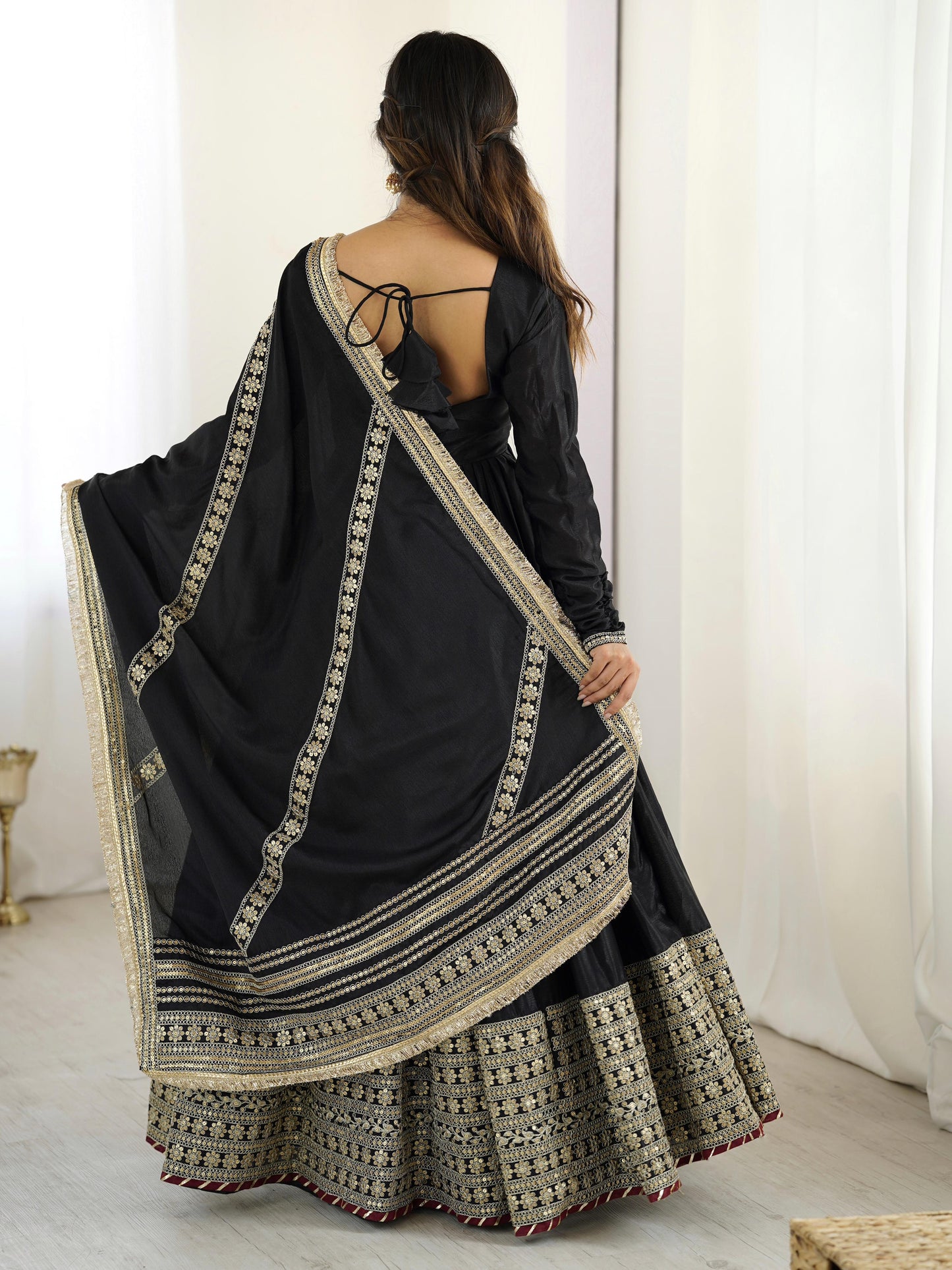 Black Color Beautiful Gown in Chinon Silk Fabric
