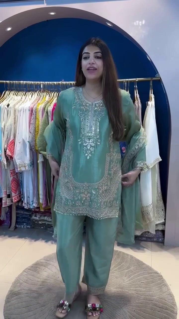 SKy BLue Color Partywear Dress in Chinon Silk Fabric