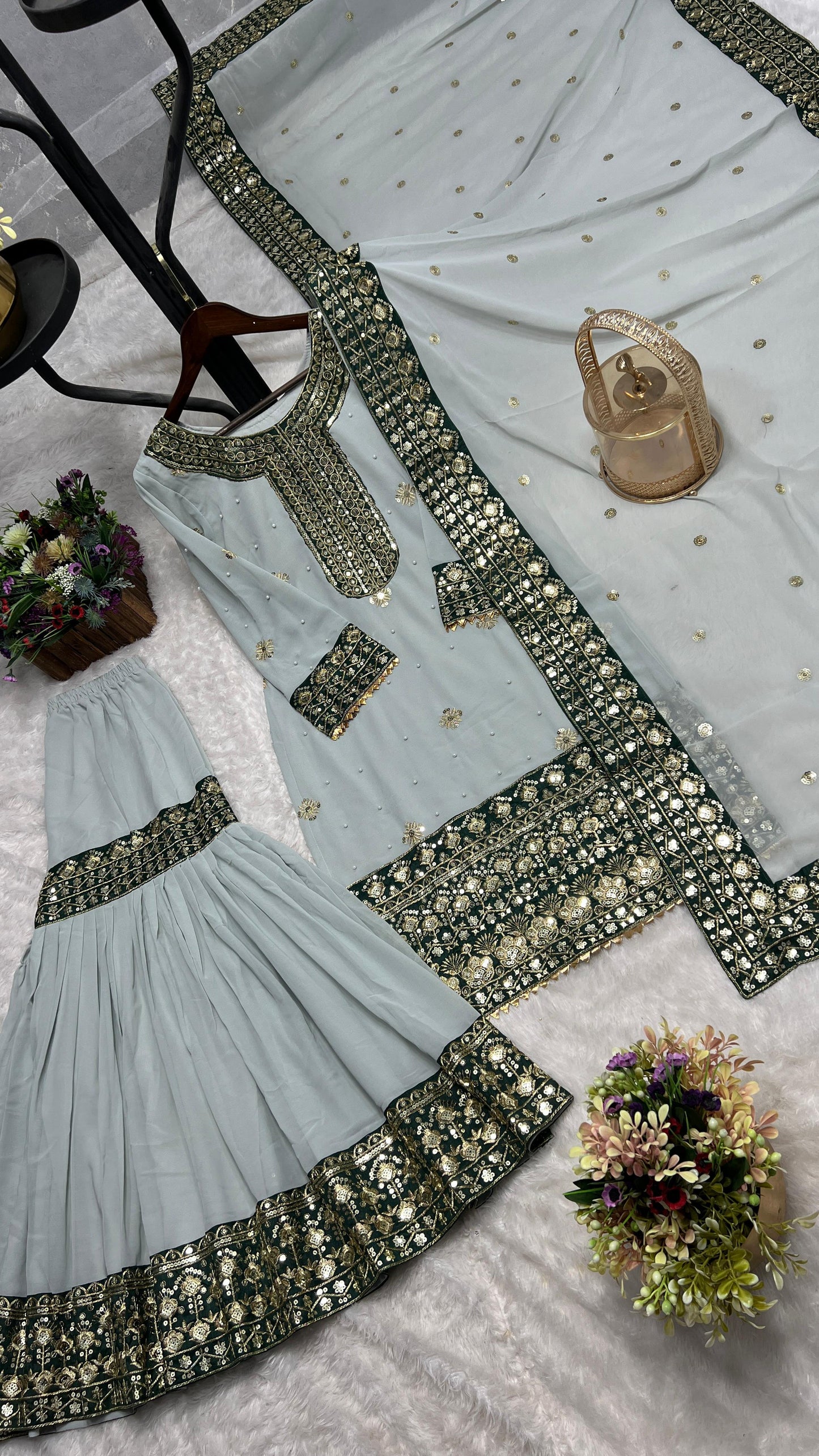Ready To Wear Collection 3 Piece Trending Fancy Kurti With Beautiful Sharara And Dupatta