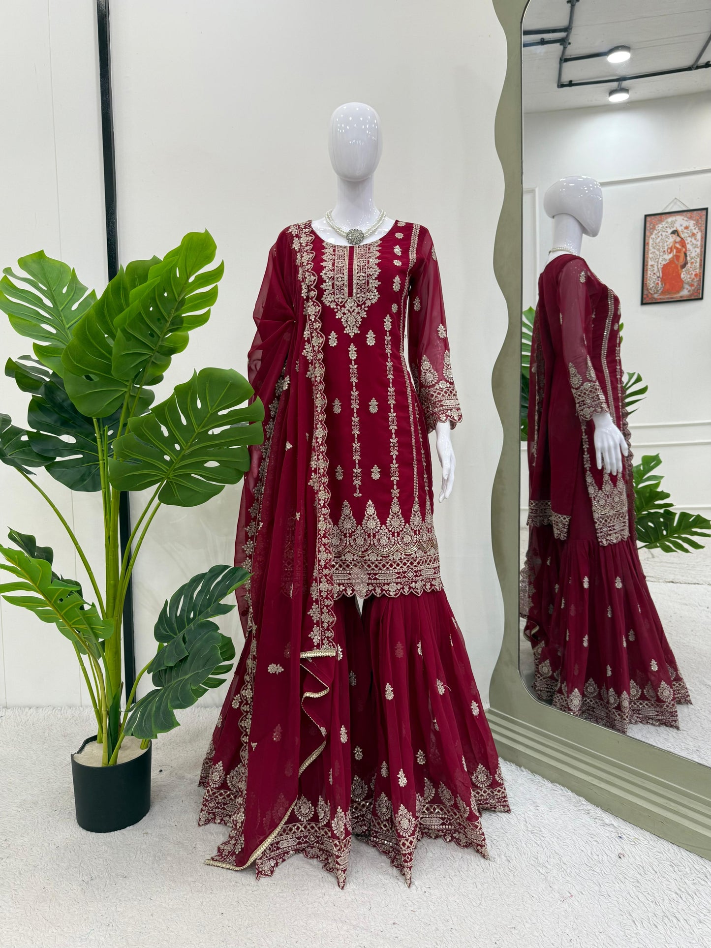 Maroon Red Color Beautiful Sharara Suit in Georgette Fabric