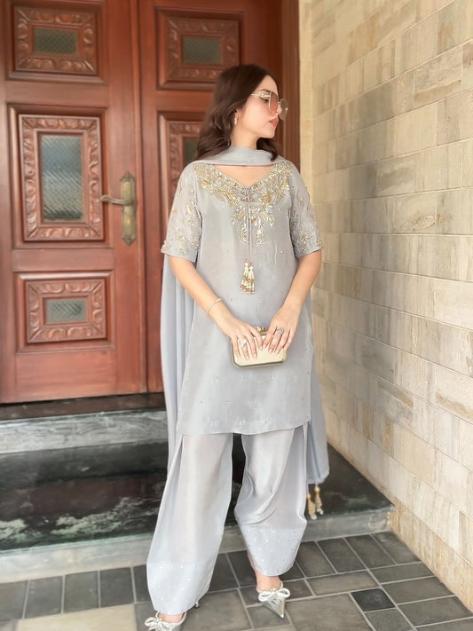 Party Wear Look Pur Natural Crepe Top & Farshi Palazzo With Dupatta Set