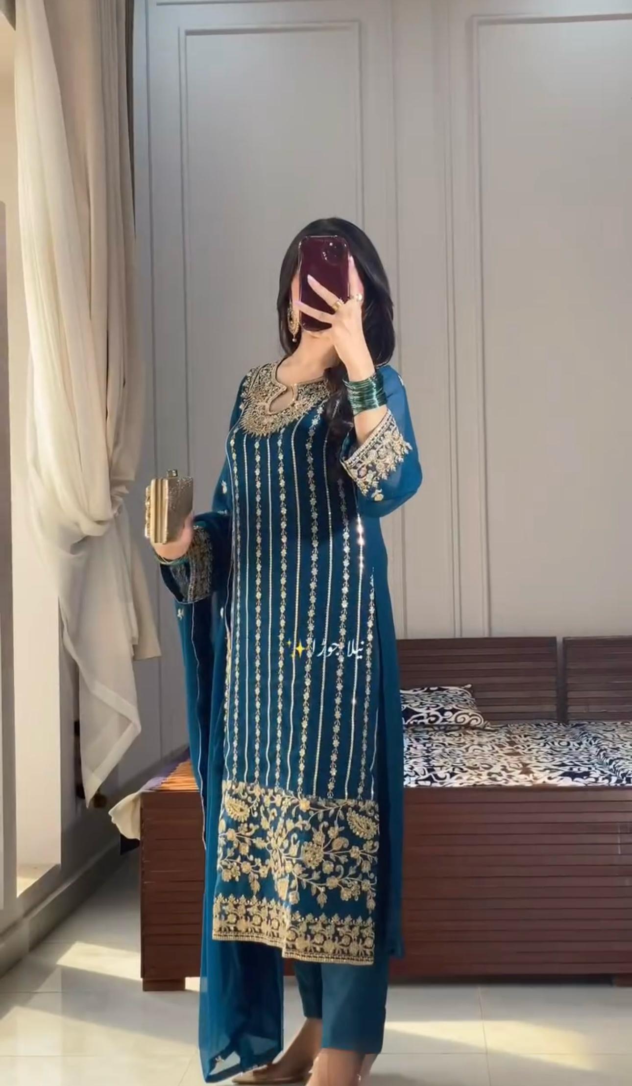 Blue Color Beautiful Partywear Dress IN Chinon Fabric