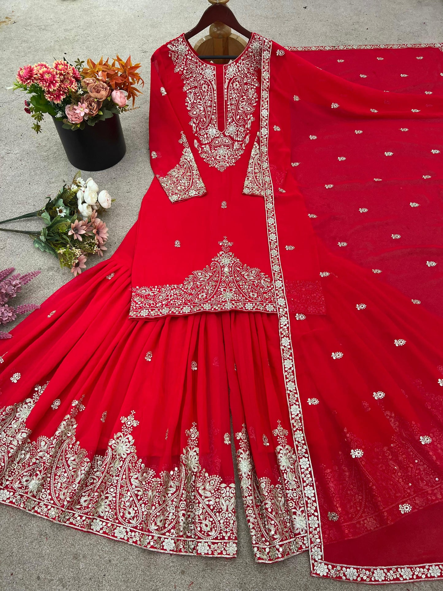 faux georgette with embroidery work top-bottom and dupatta set fully stitched ready to wear
