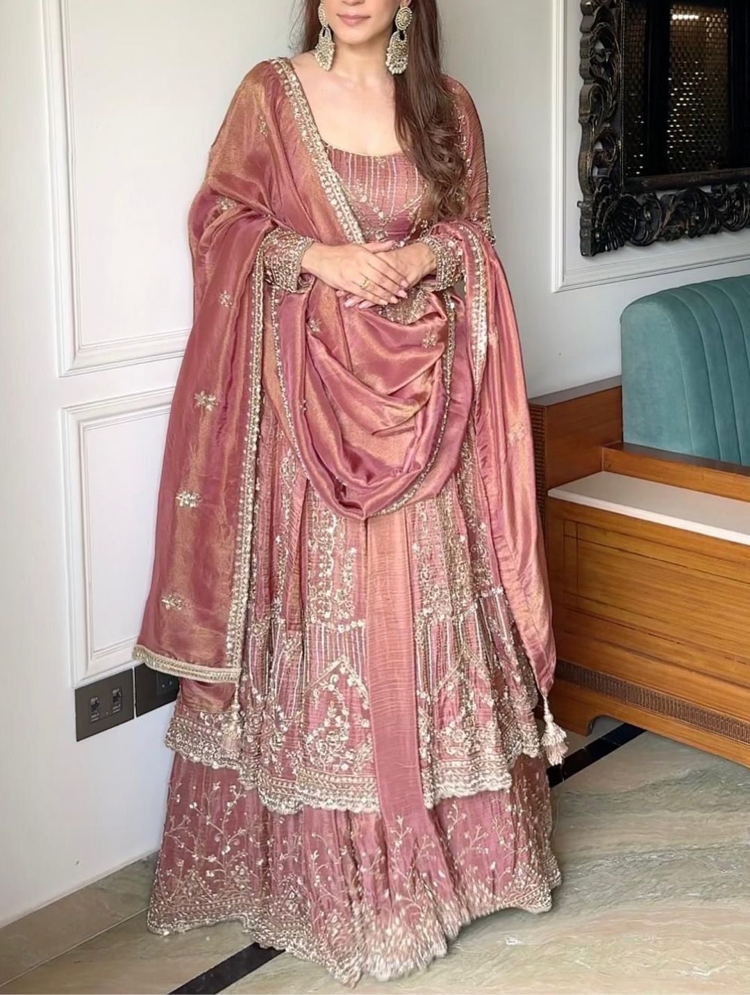 Crunchy Silk Beautiful Plazzo suit in pink color