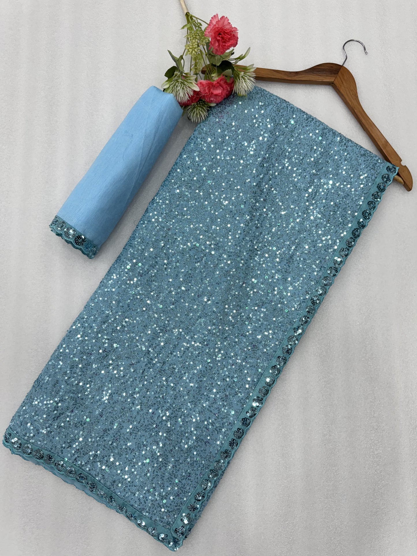 Sky BLue Color Partywear Saree in Georgette Fabric