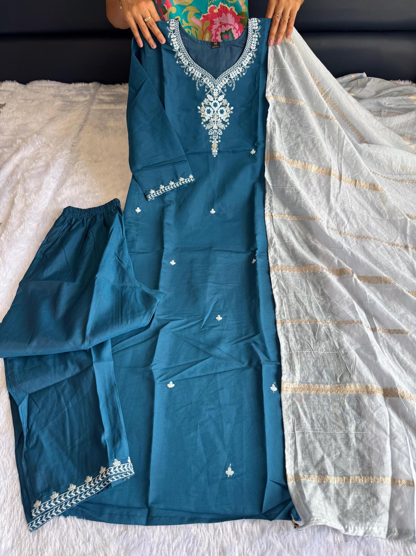 Blue Color Beautiful Summer Wear Dress in Roman silk Fabric