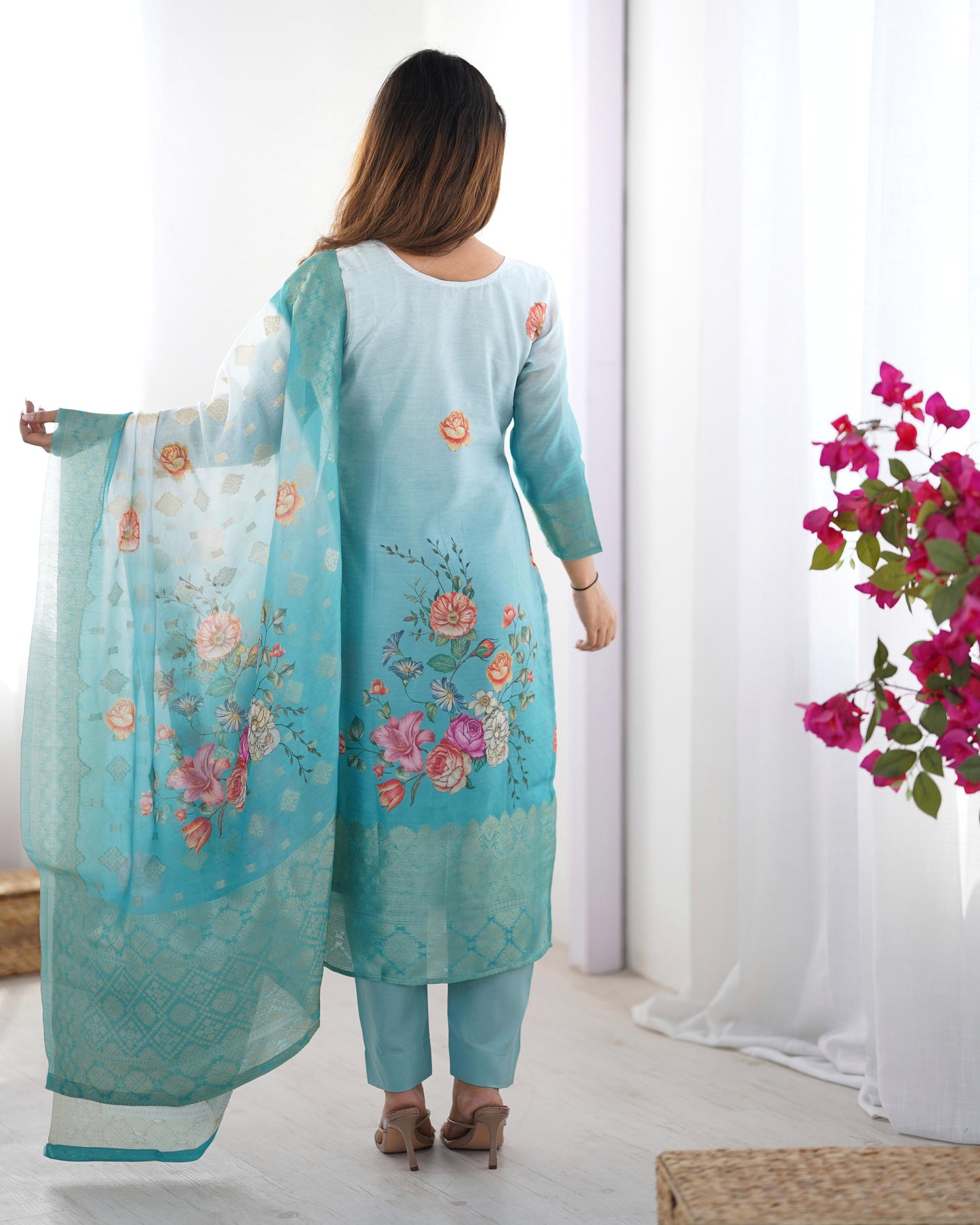 White and Sky blue Color Beautiful Chanderi Silk FAbric Dress