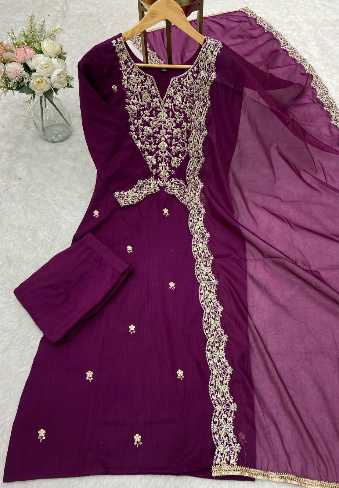 Purple Color Beautiful Partywear Silk Dress