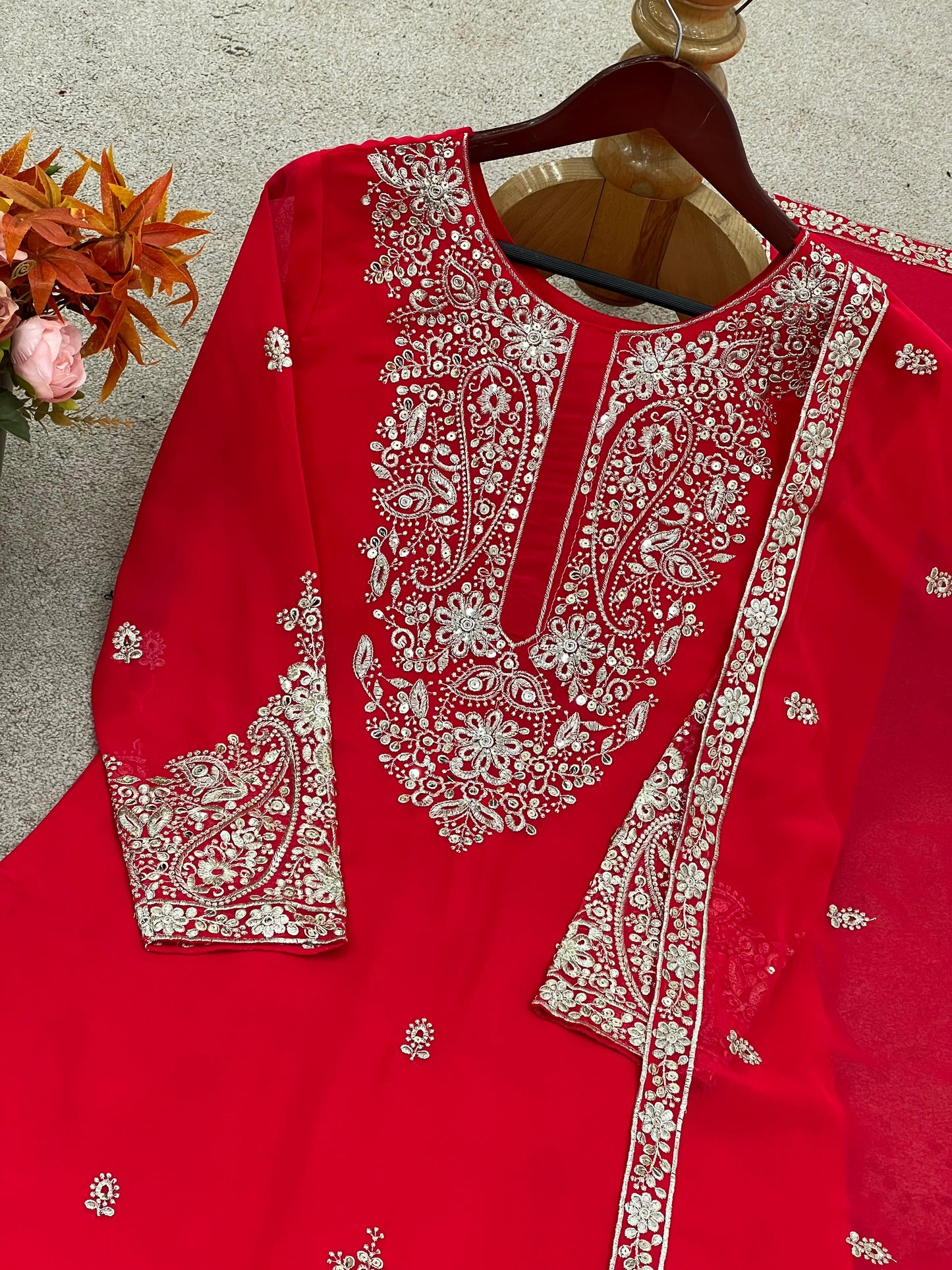 faux georgette with embroidery work top-bottom and dupatta set fully stitched ready to wear