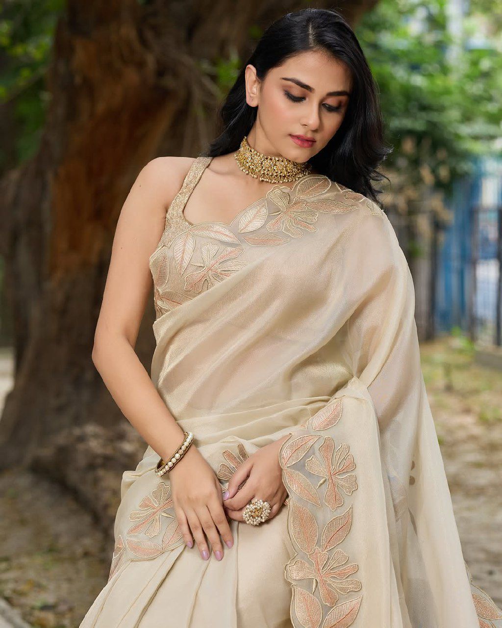 Beautiful White Cream color organza silk saree
