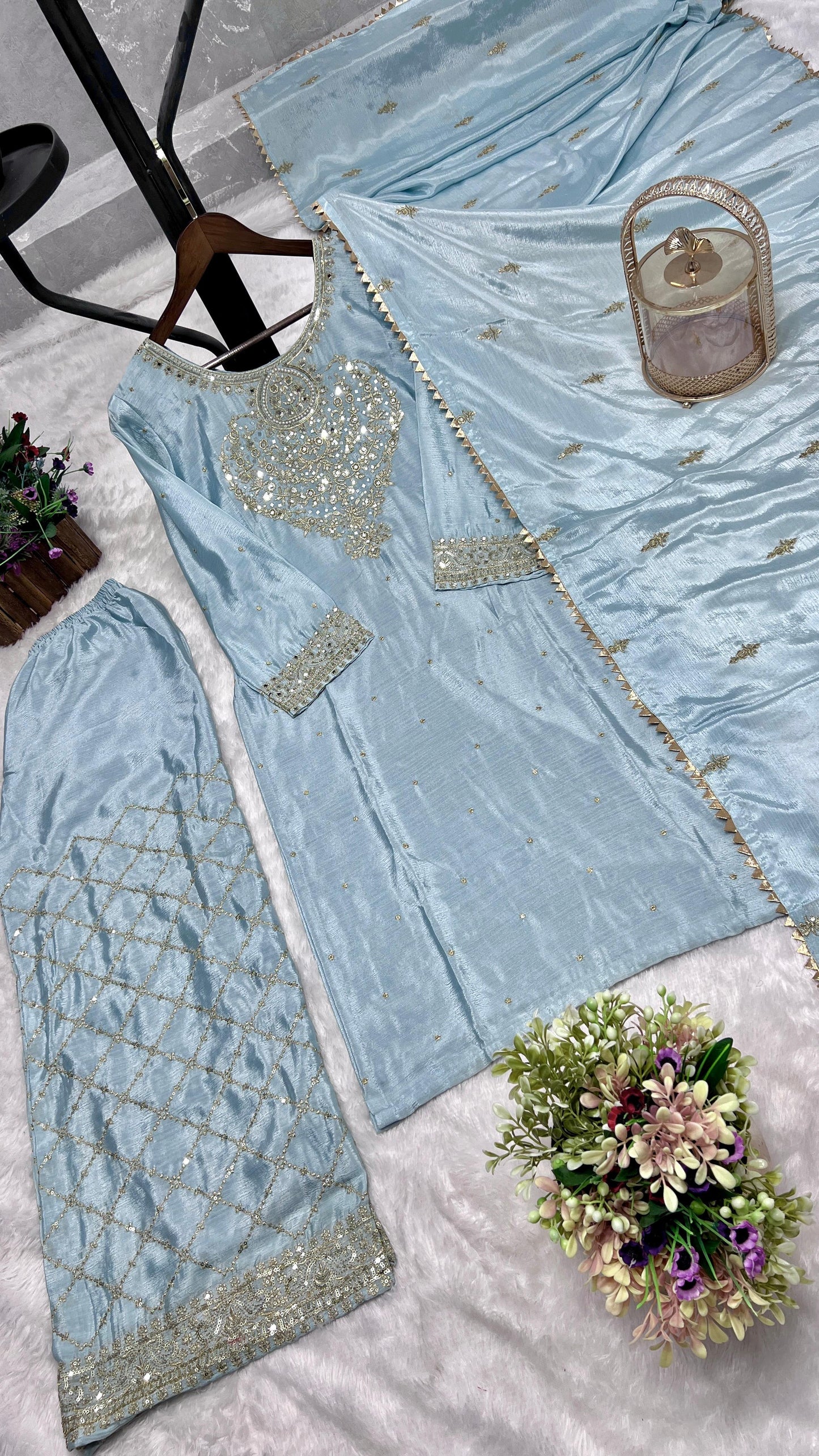 Sky Blue Color Beautiful PArtywear Dress in Chinon Fabric