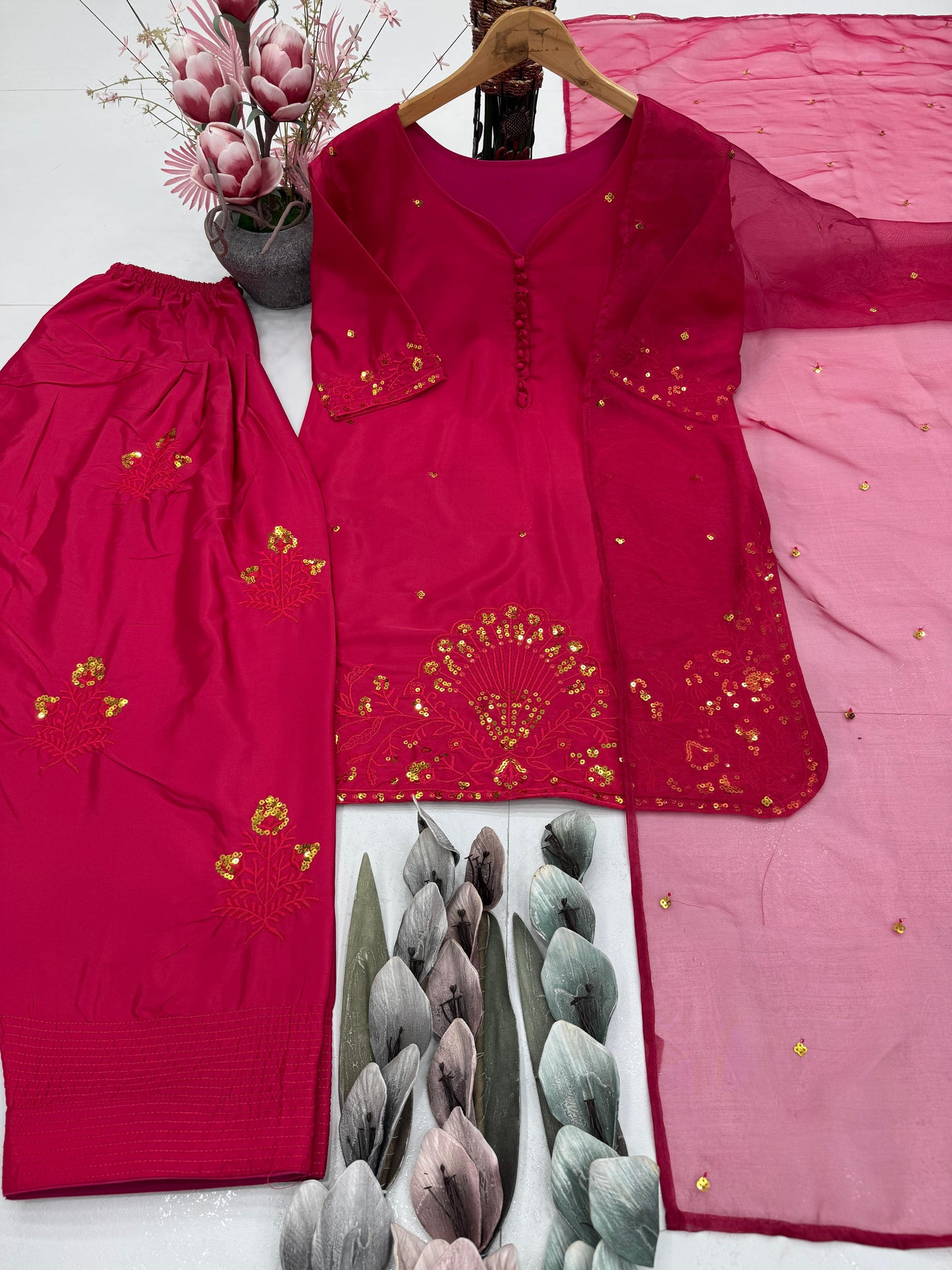 franch crap embroidered sequence work with fancy top-plazzo dupatta set