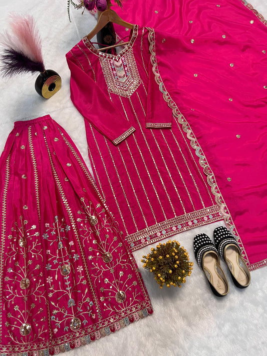 Pink Color Beautiful PArtywear PLazo Dress in Chinon Silk Fabric