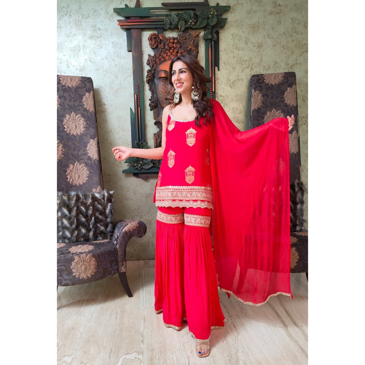 designer sharara set in red colour for karva chauth