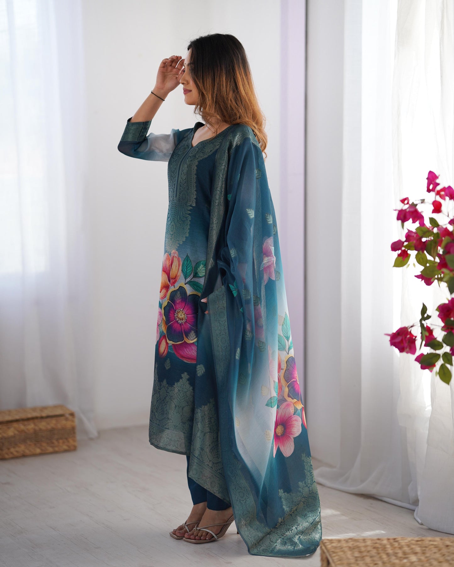 Blue Color Beautiful Chanderi Silk FAbric Dress