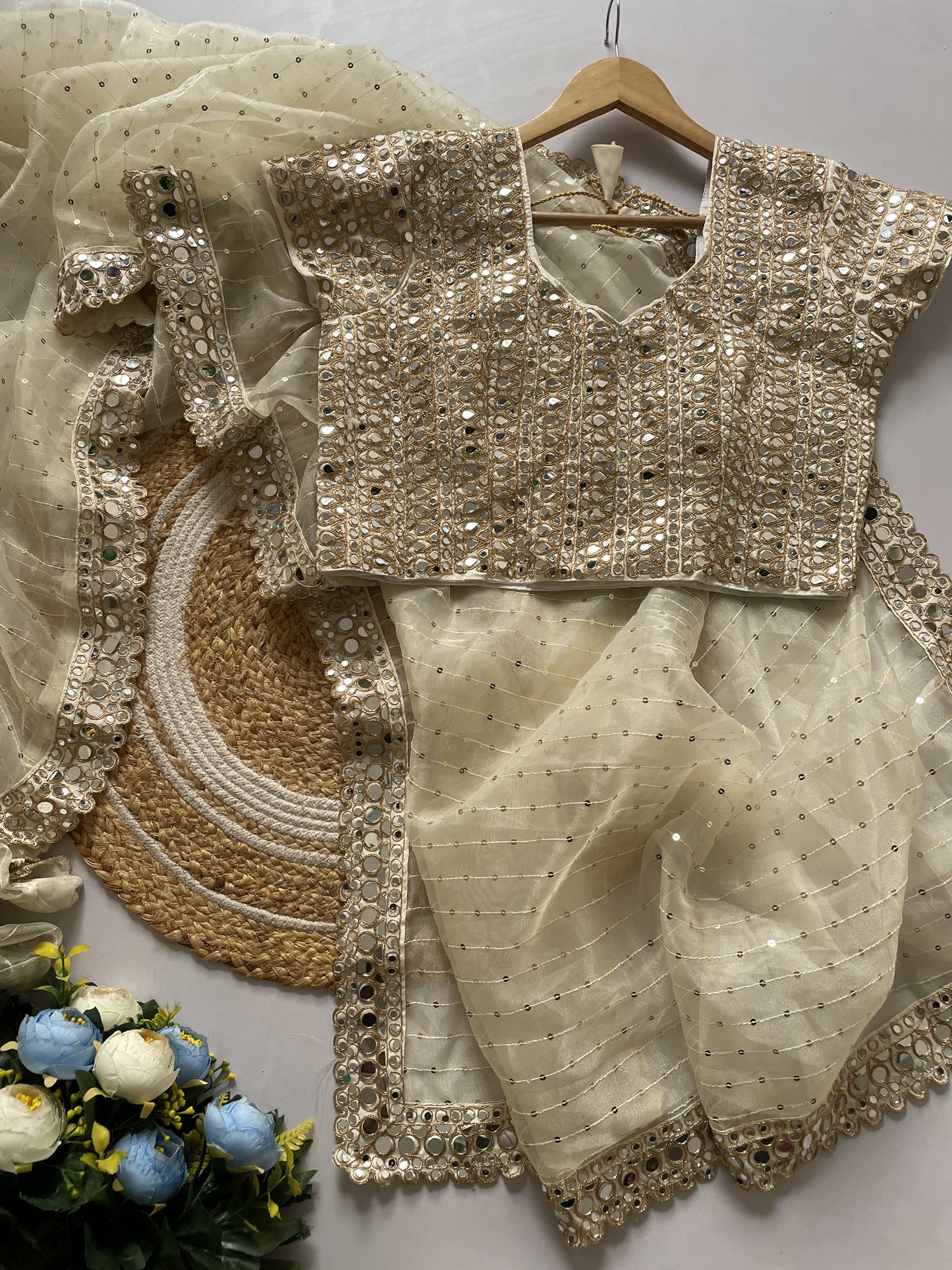 White Cream Color Beautiful PArtywear Saree in Organza SAree