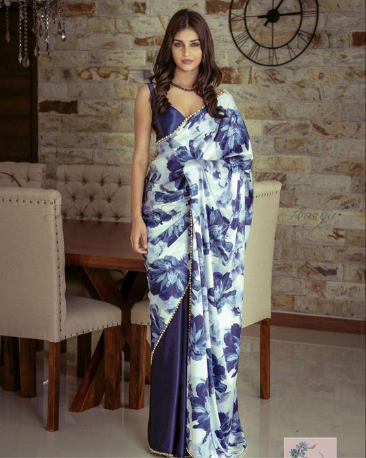 Half Half Satin Saree Collection With Beautiful Flower Print in blue color