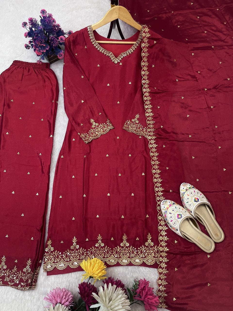 Red Color Festival Wear Dress in Chinon Silk Fabric