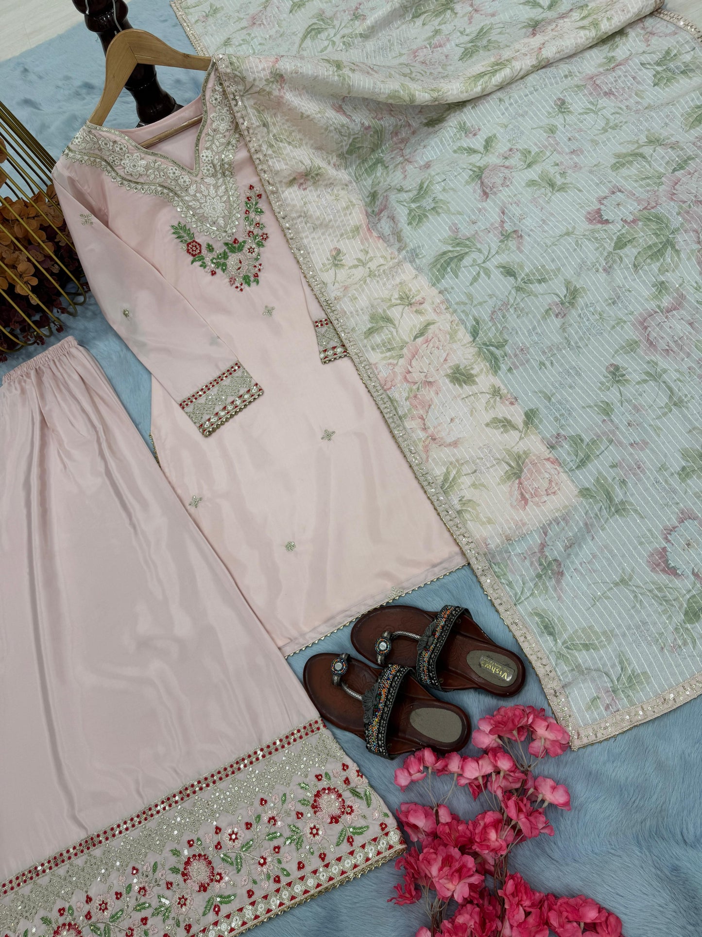 Đěsigner Party Wear Look Pur Natural Crepe Top & Palazzo With Dupatta Set