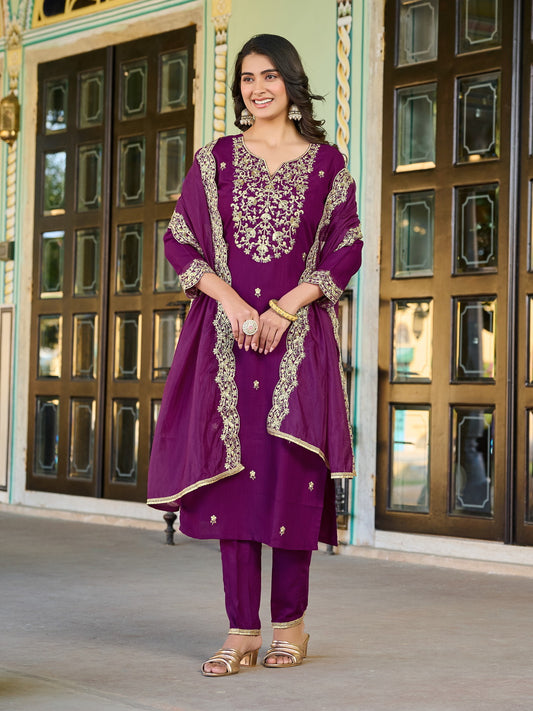 Purple Color Beautiful Partywear Silk Dress