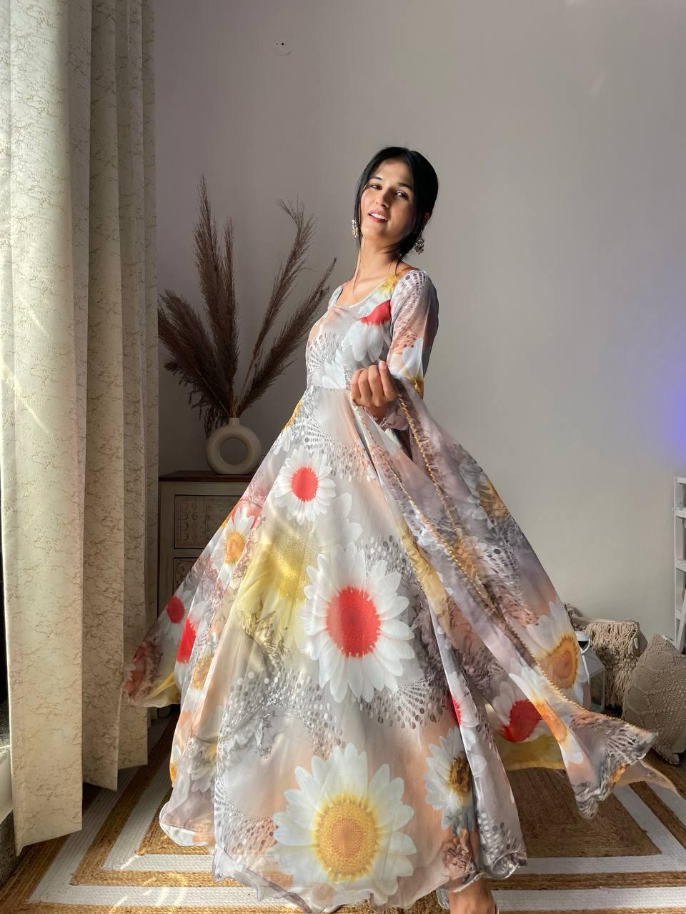 Party Wear Look Organza Taby Silk Gown With Dupatta Pant