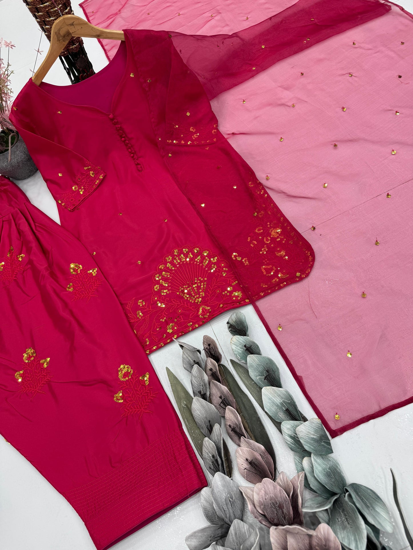 franch crap embroidered sequence work with fancy top-plazzo dupatta set
