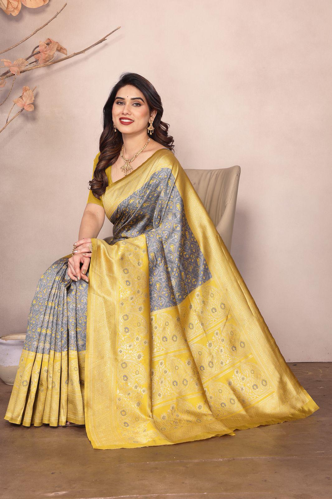 Yellow Grey Color Beauitful Daily Wear Use Saree