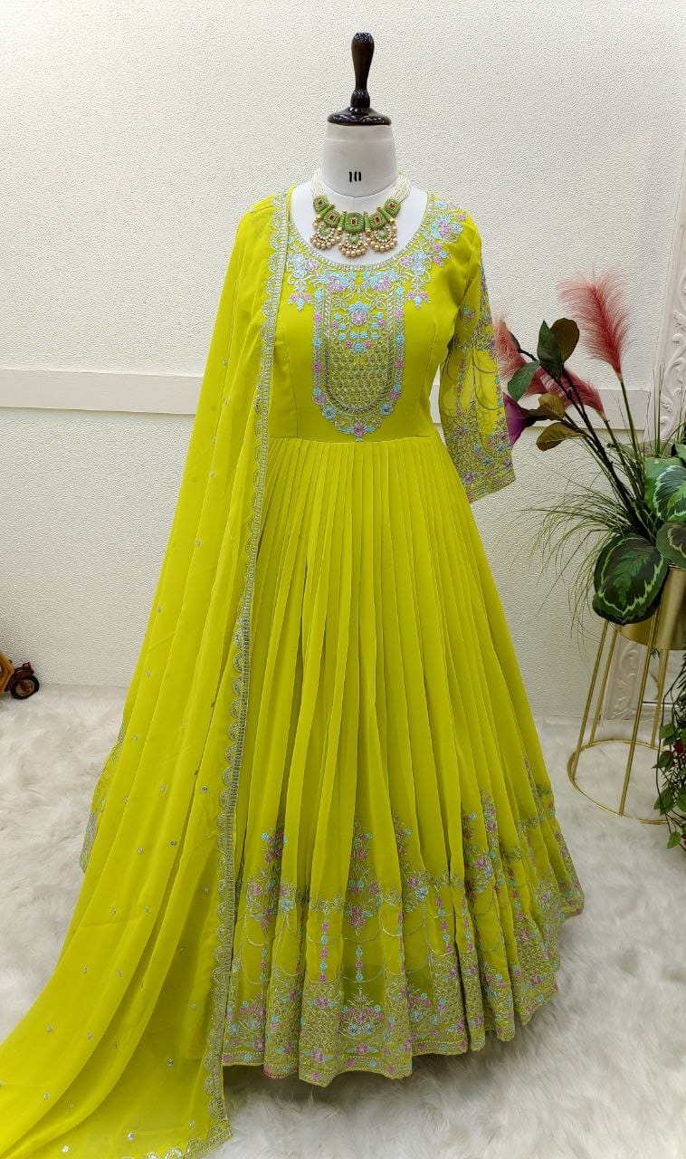 Yellow Color Beautiful Partywear Georgette gown
