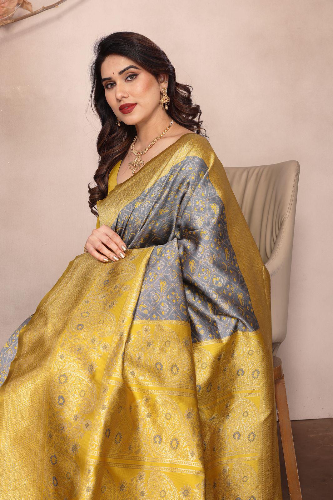 Yellow Grey Color Beauitful Daily Wear Use Saree