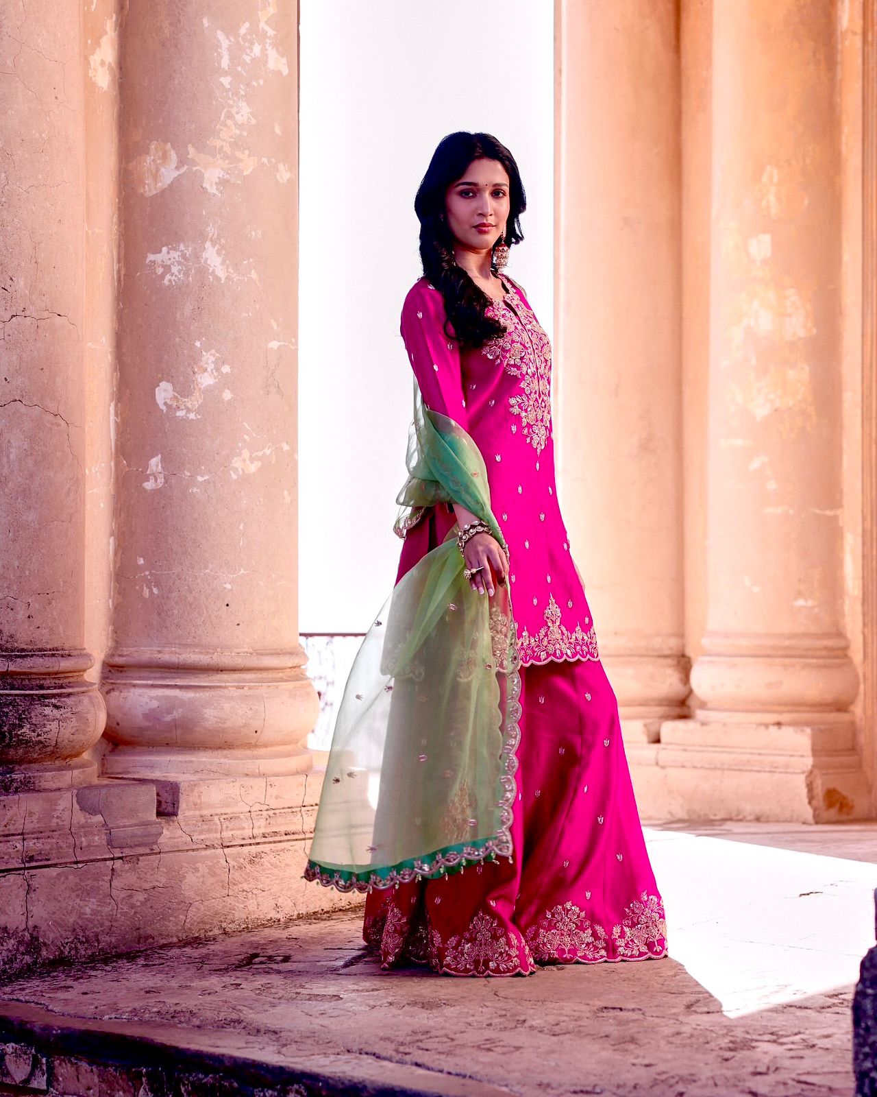 Pink Color Beauitful Festival Wear Roman Silk PLazo DRess