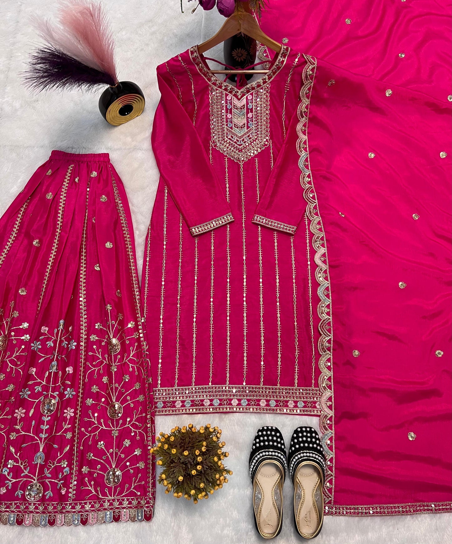 Pink Color Beautiful PArtywear PLazo Dress in Chinon Silk Fabric