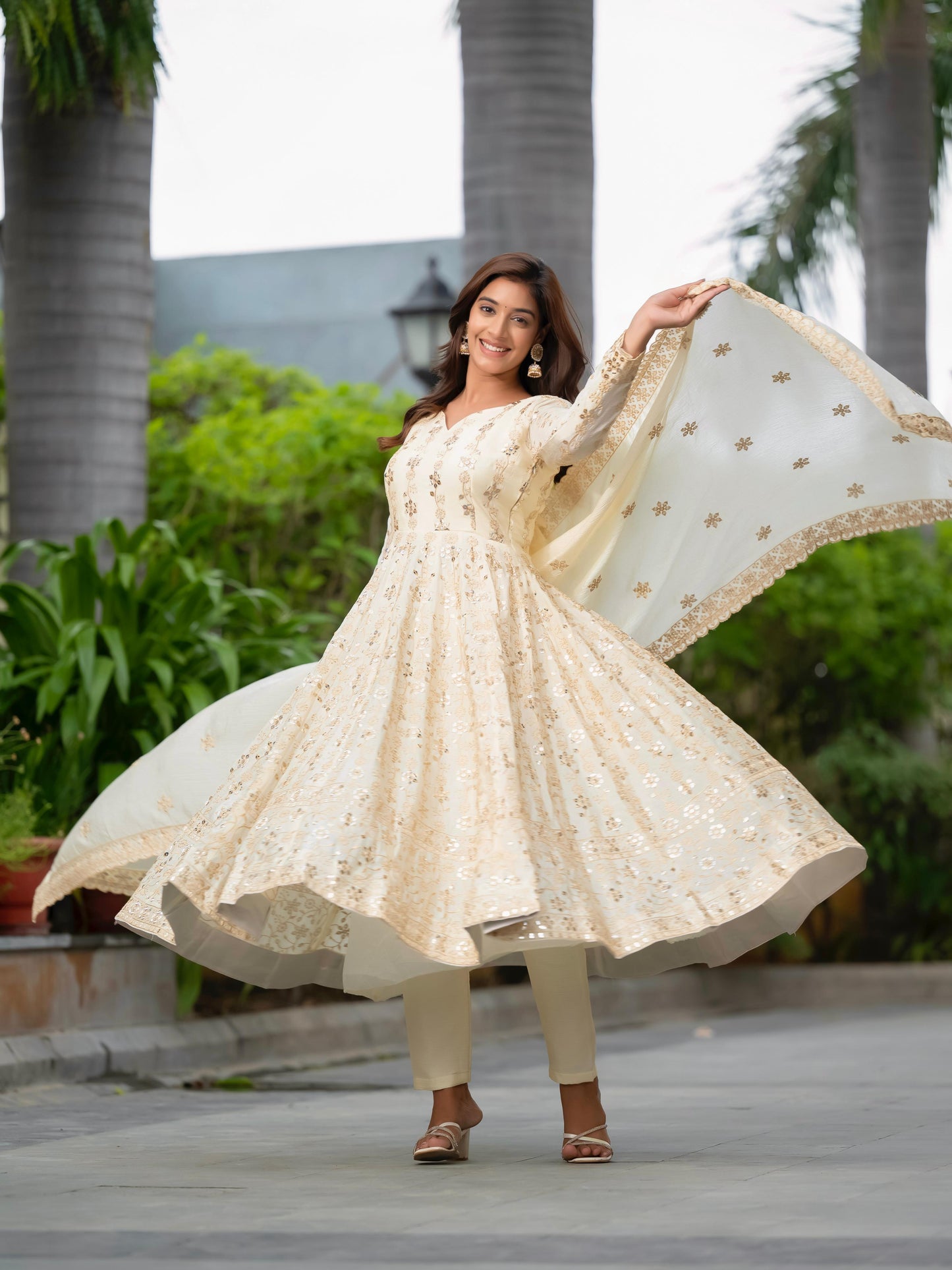 White Cream Color Beautiful Partywear Dress in Chinon Fabric
