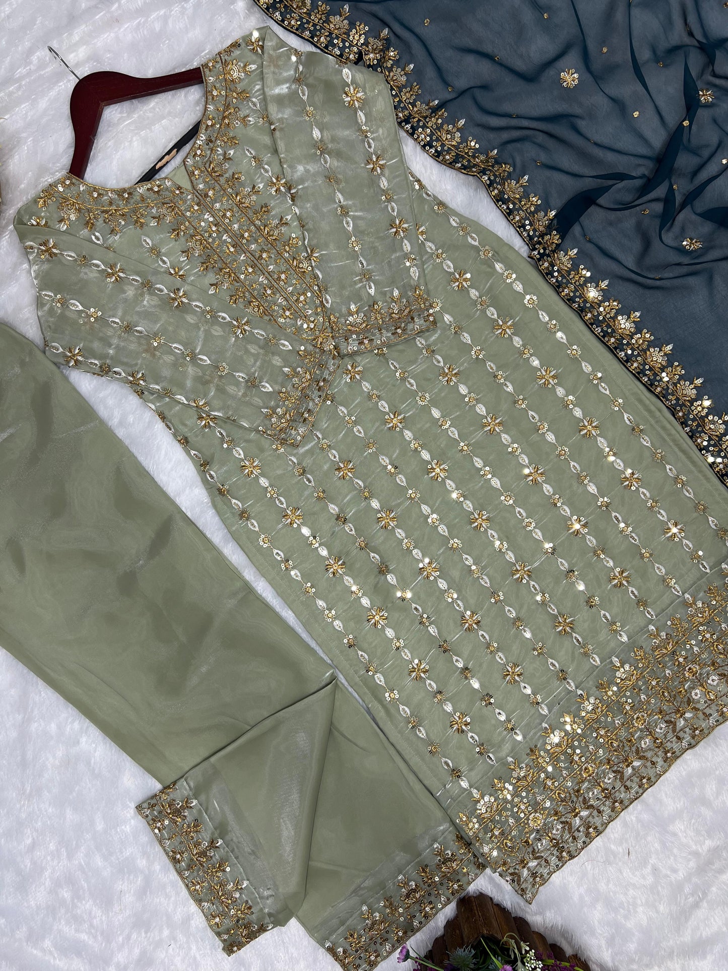 3 Piece Stylish Kurti, Bottom And Dupatta With Beautiful Embroidery Sequence Work