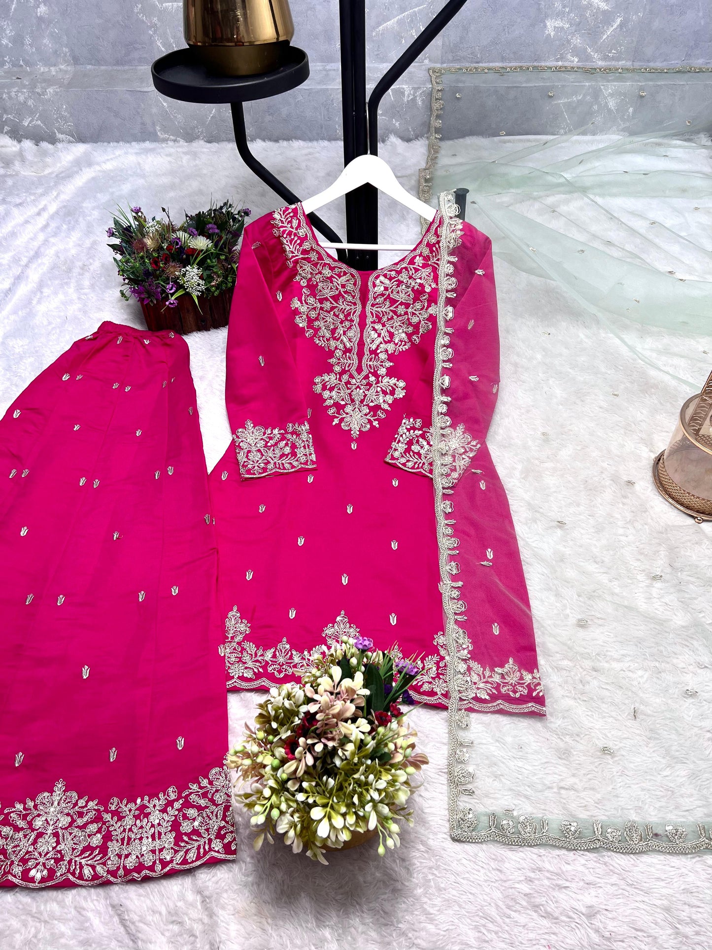 Pink Color Beauitful Festival Wear Roman Silk PLazo DRess