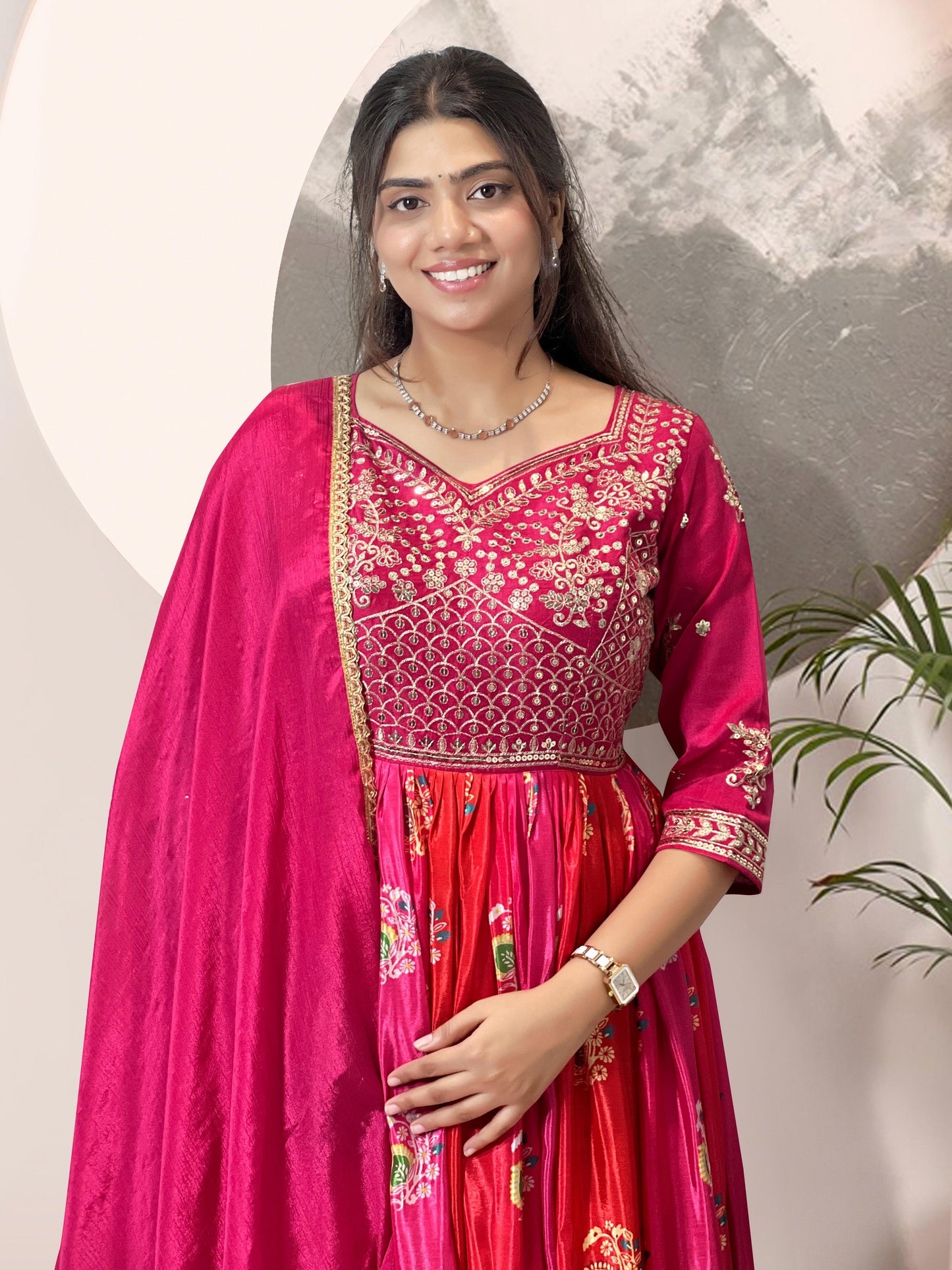 Pink Color ANarkali Gown in Silk Fabric with embroidery work