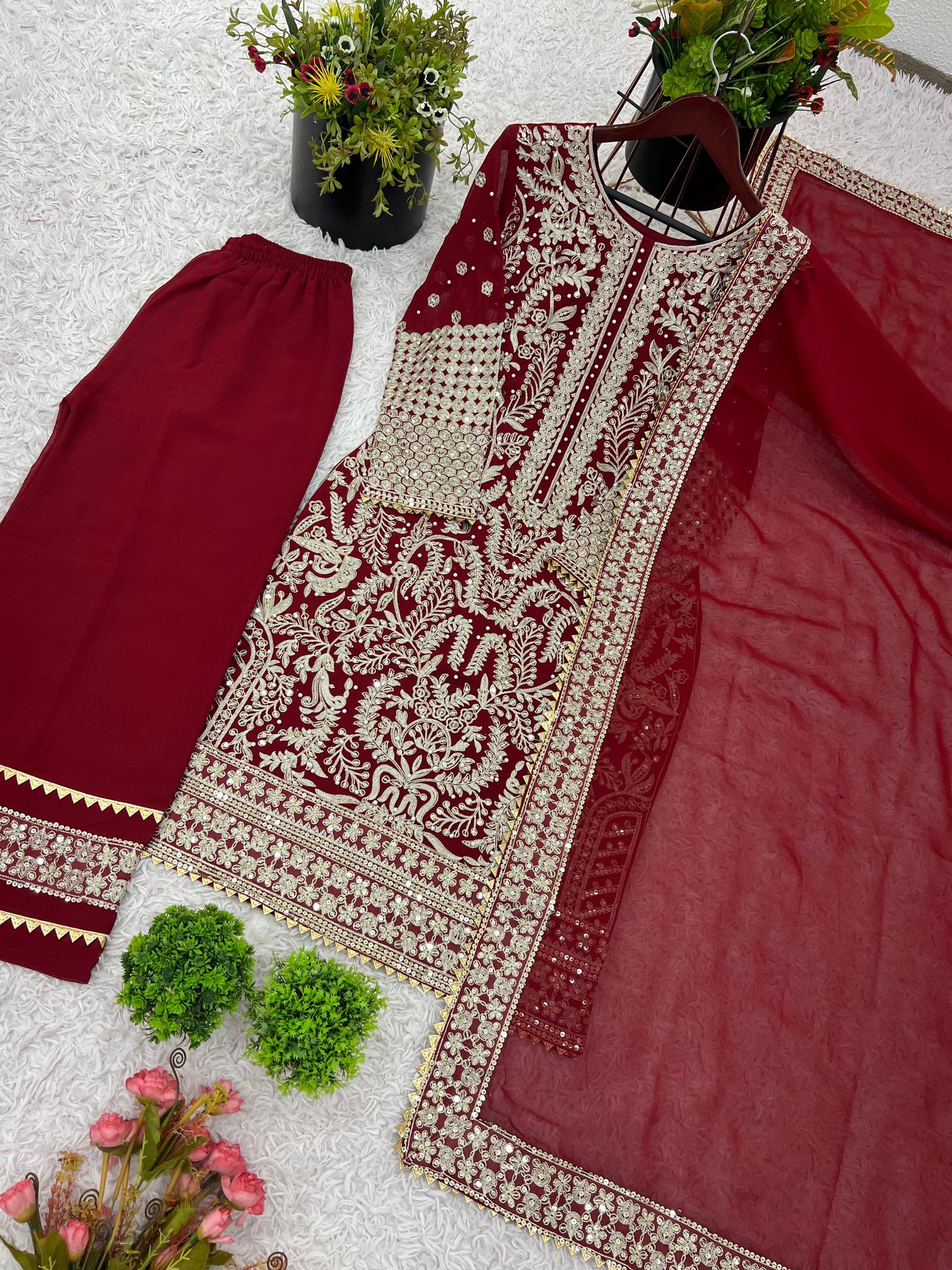 Party Wear Look Top-Plazzo and Dupatta With Heavy Embroidery Work