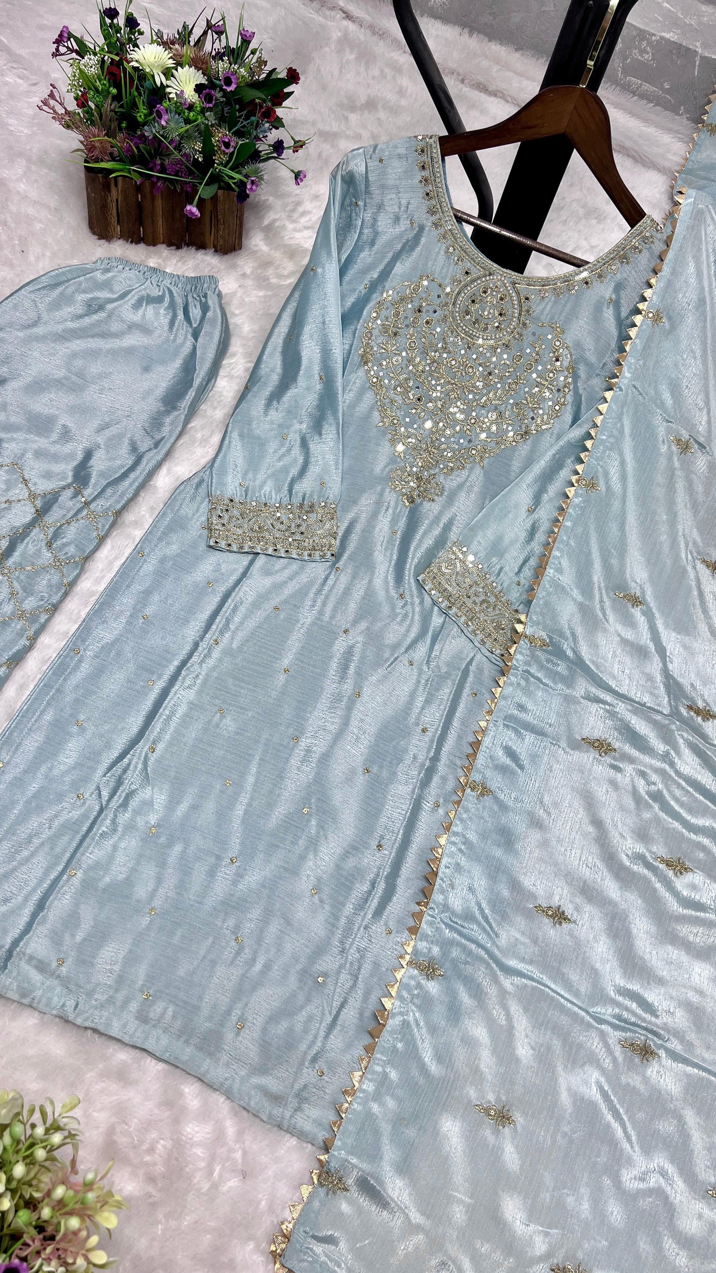 Sky Blue Color Beautiful PArtywear Dress in Chinon Fabric