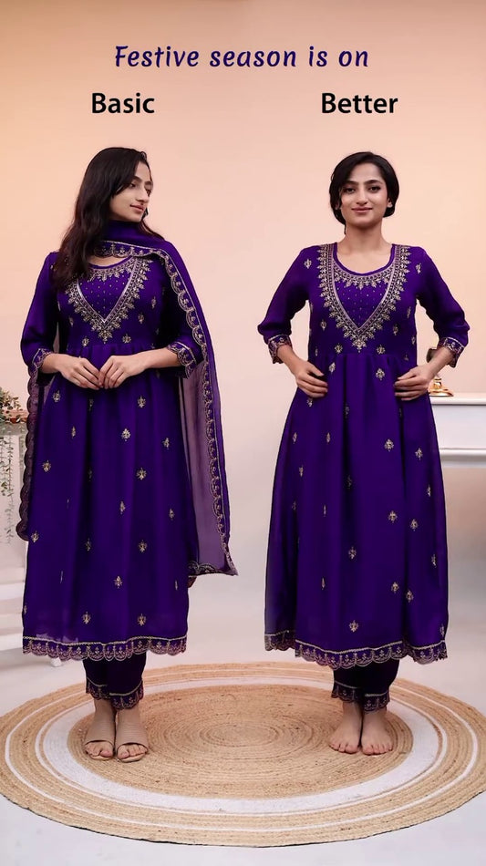 Purple Color Traditional Dress in Chinon Fabric