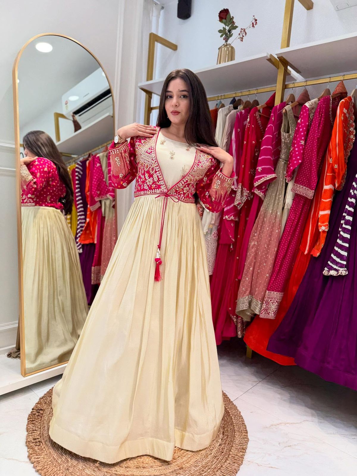 Designer Partywear Gown with koti in chinon silk fabric