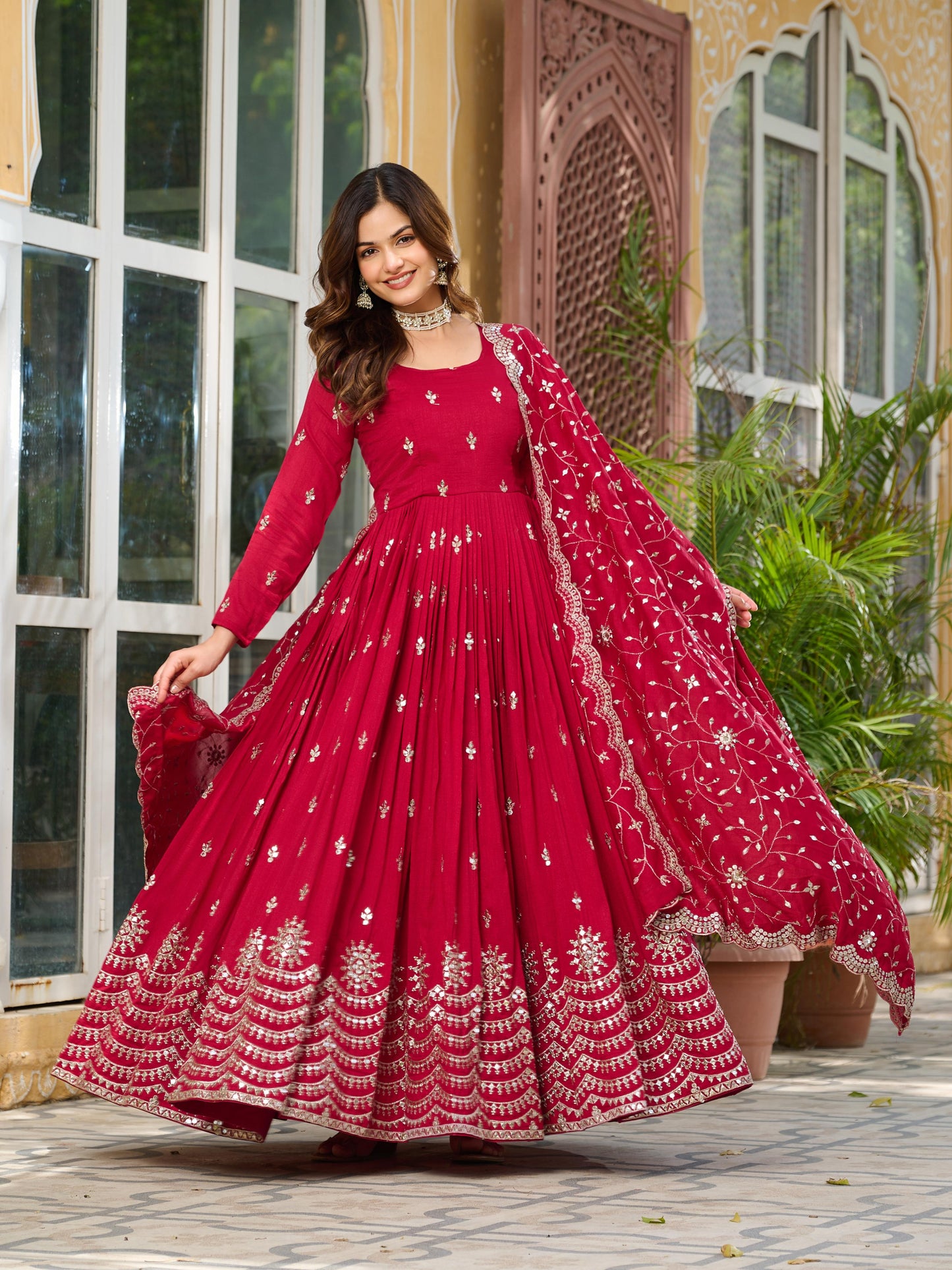 Pink Color Beautiful Partywear Gown in Vichitra Silk