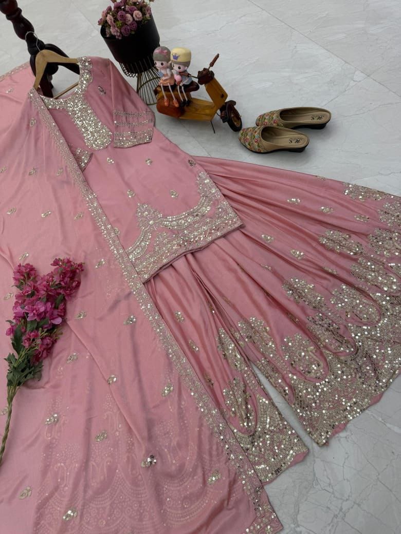 Designer Party Top Pallazo & Dupatta Set in pink color