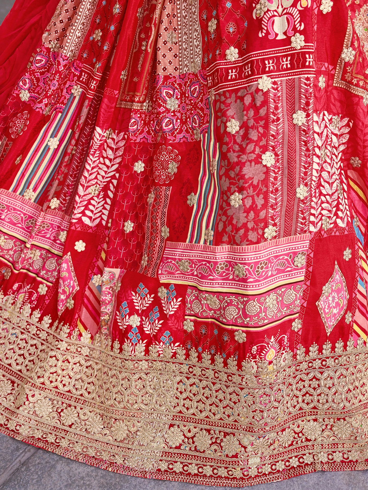 Red Color Beautiful Lehenga Choli in Chinon Silk Fabric
