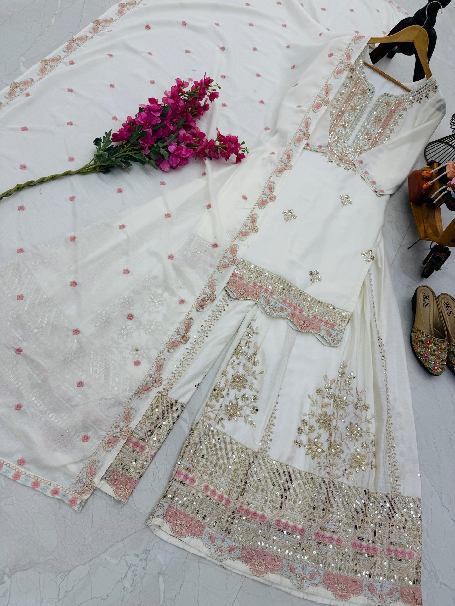 Designer Party Top Sharara & Dupatta Set in white color