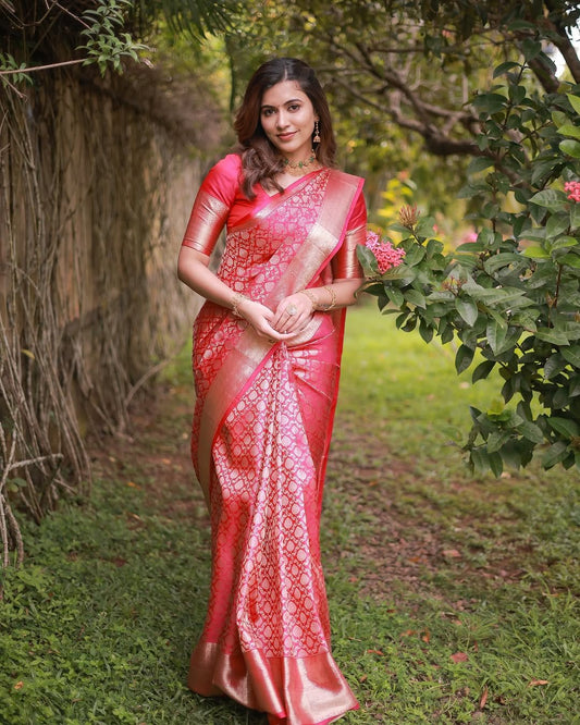 Pink Color Beautiful Partywear Bananasi Silk Saree