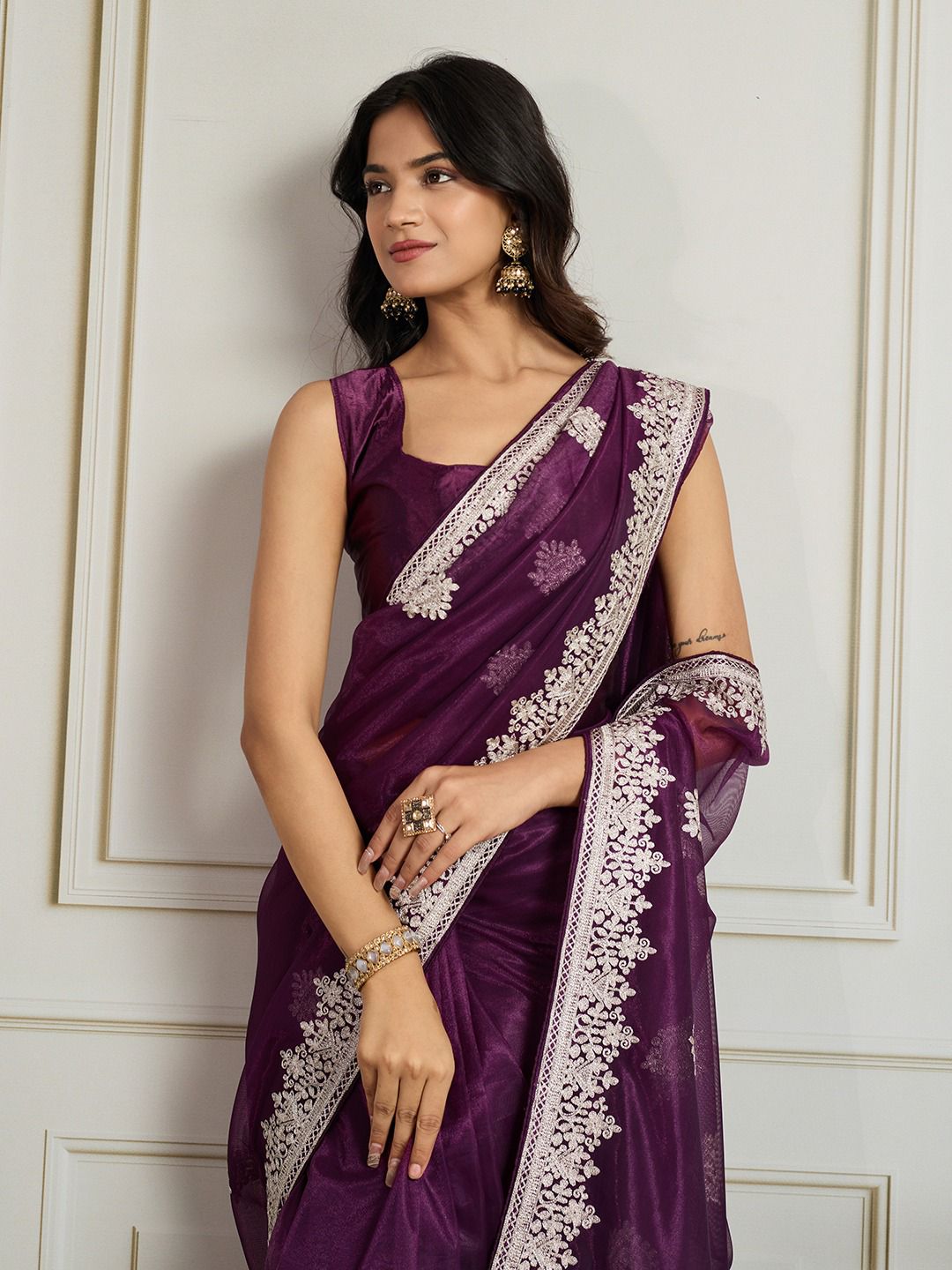 Party Wear Twill Net Saree in purple color