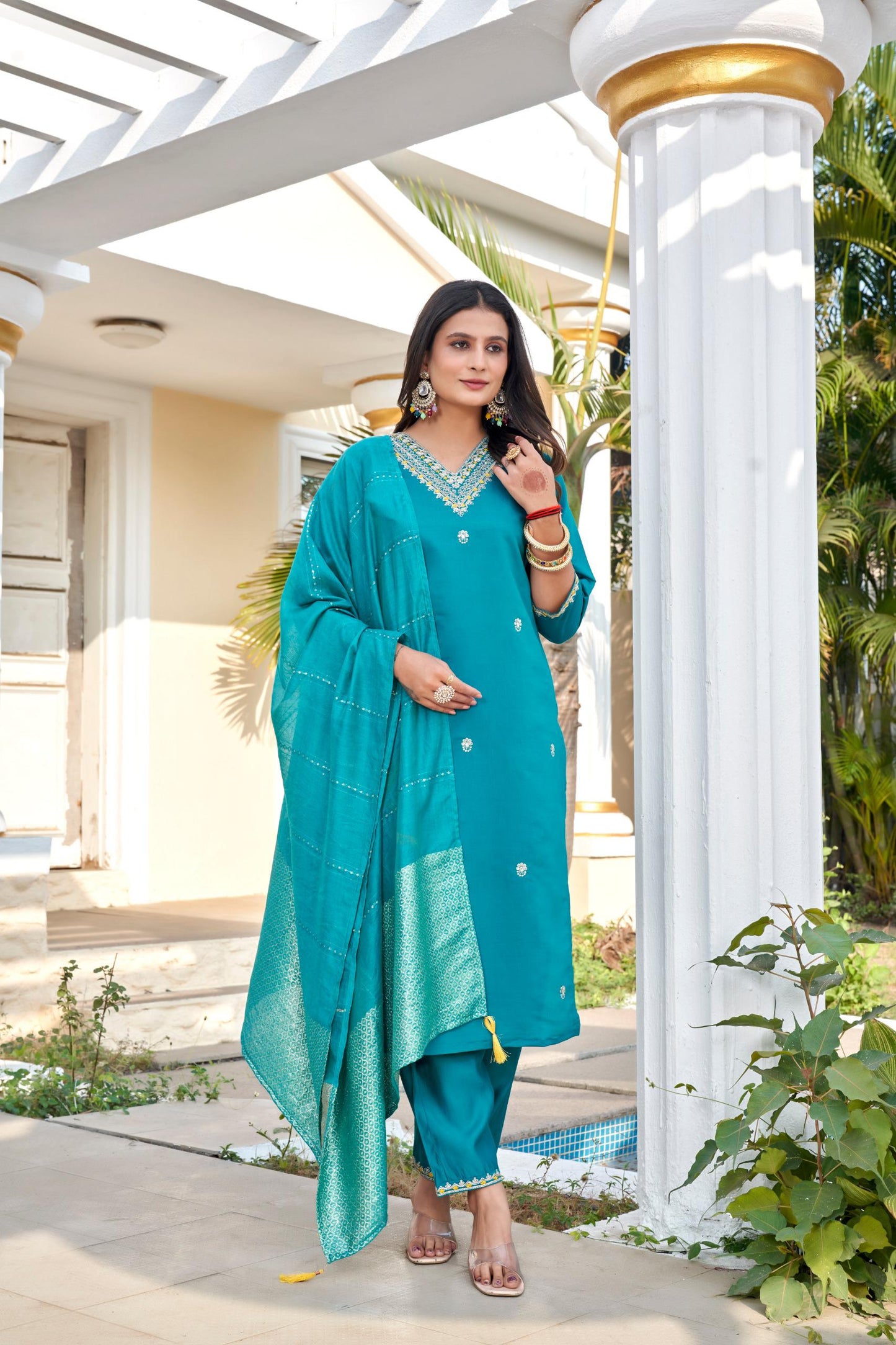 designers kurti pent dupatta set in roman silk fabric