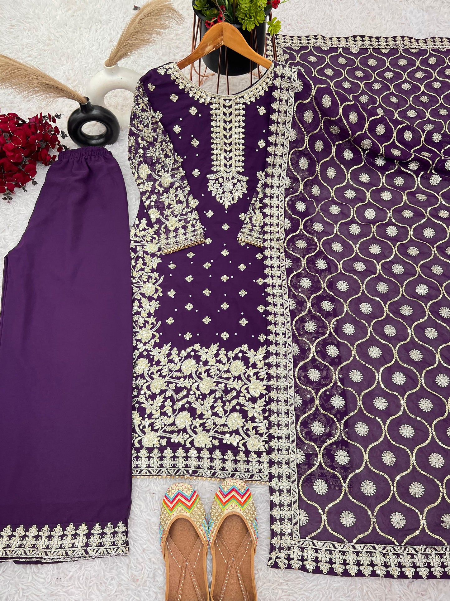 Purple Color party wear look top-plazzo and dupatta with heavy embroidery work