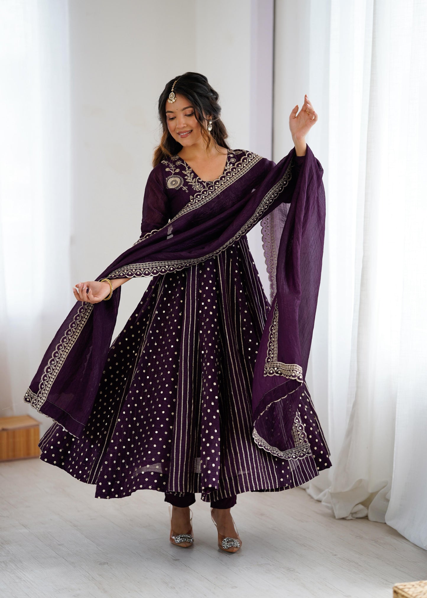 purple color anrakli gown in silk fabric with embroidery work
